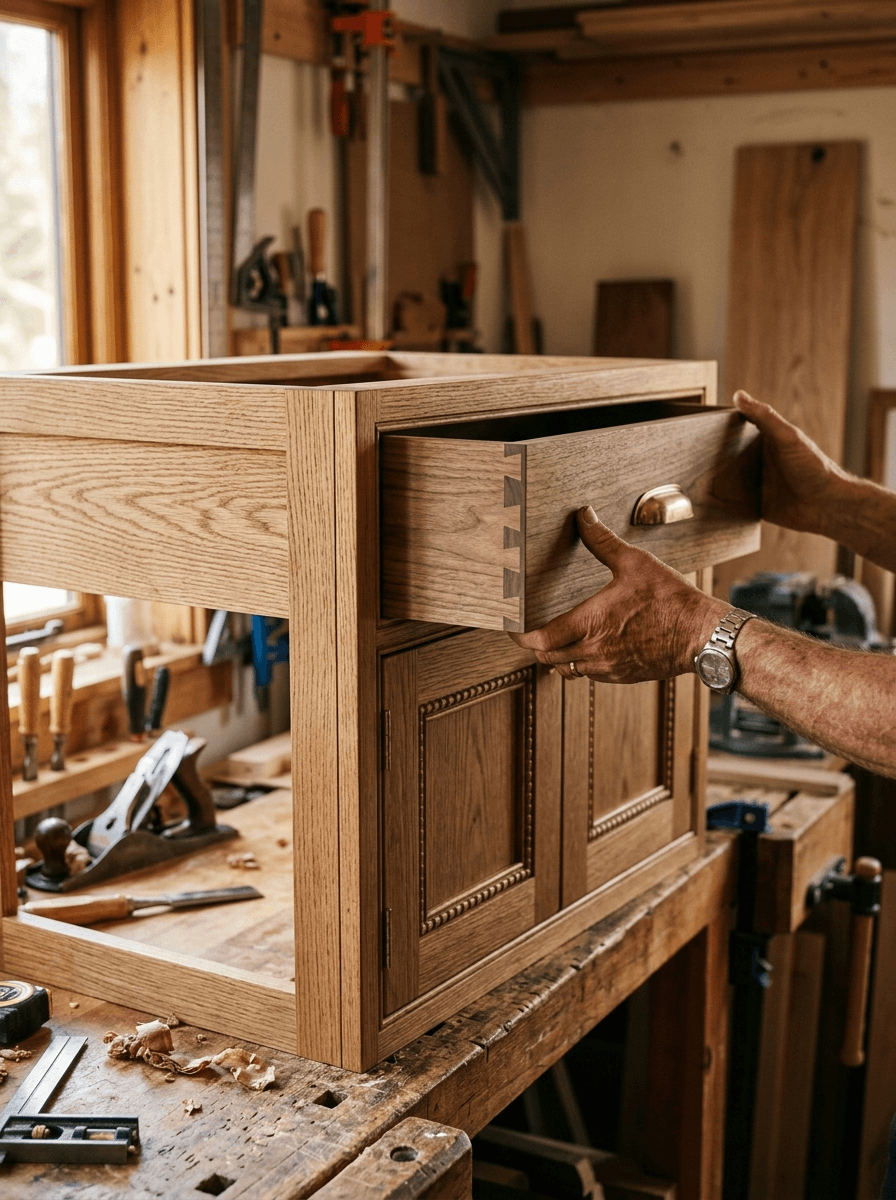 Sunlit woodworking studio with custom cabinetry in progress